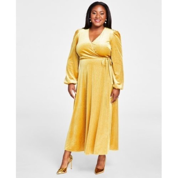 KASPER Glitter Velvet Faux-Wrap Midi Dress, gold size XXL - Picture 1 of 6